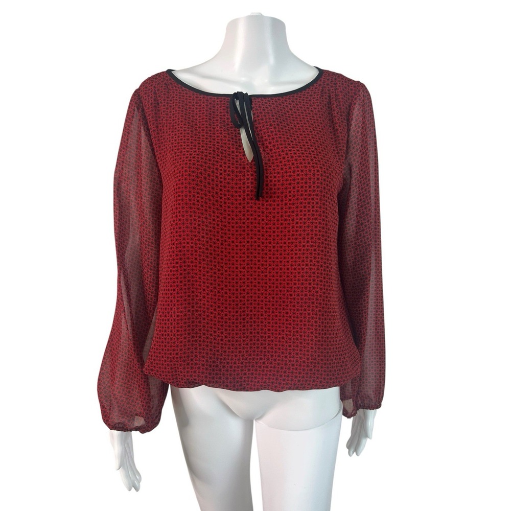 Vince Camuto Womens Blouse Top Sheer Dot Red & Black Chiffon Preppy Boho Size S